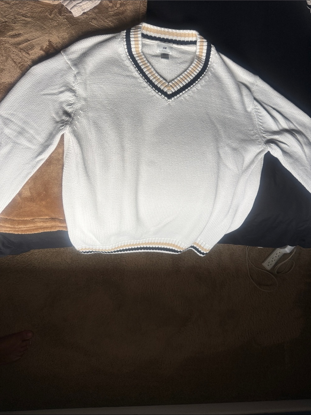 H&M White V-Neck Sweater with Navy & Tan Trim - Men